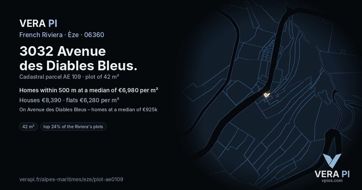 3032 Avenue des Diables Bleus, Èze at night – the plot lit, the parcels around coloured by the prices near them