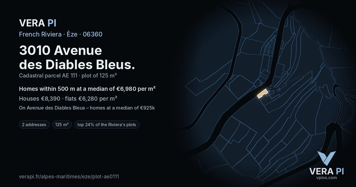 3010 Avenue des Diables Bleus, Èze at night – the plot lit, the parcels around coloured by the prices near them