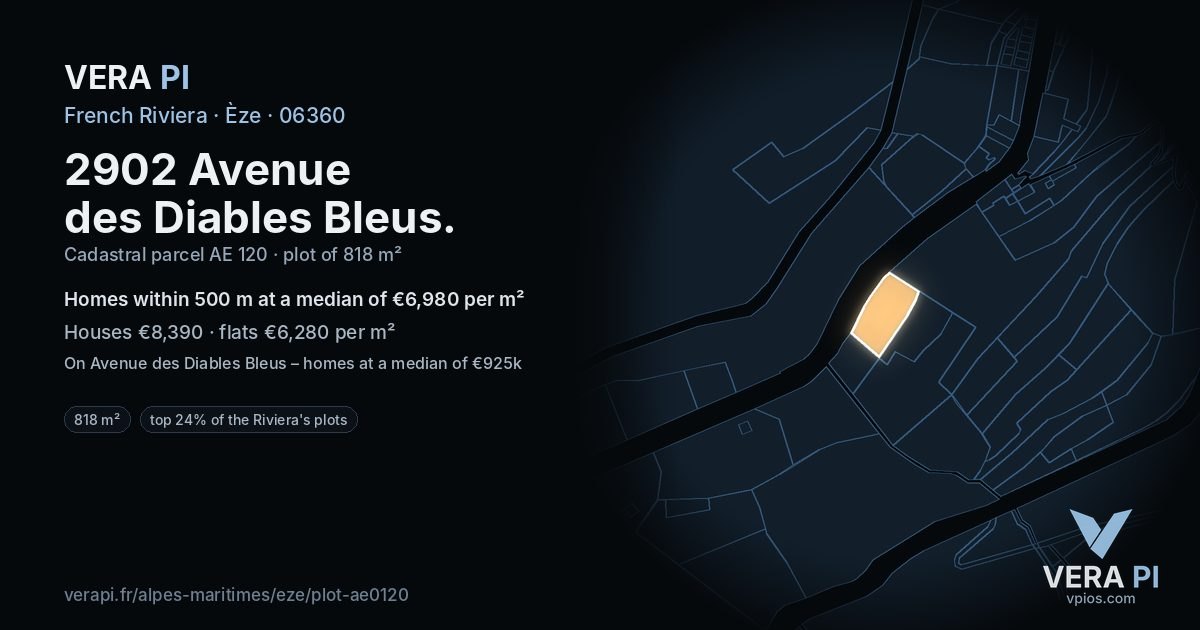2902 Avenue des Diables Bleus, Èze at night – the plot lit, the parcels around coloured by the prices near them