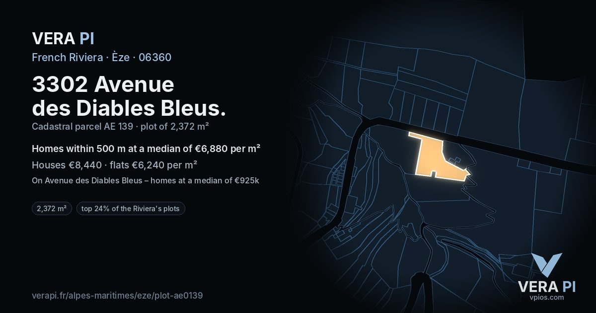 3302 Avenue des Diables Bleus, Èze at night – the plot lit, the parcels around coloured by the prices near them