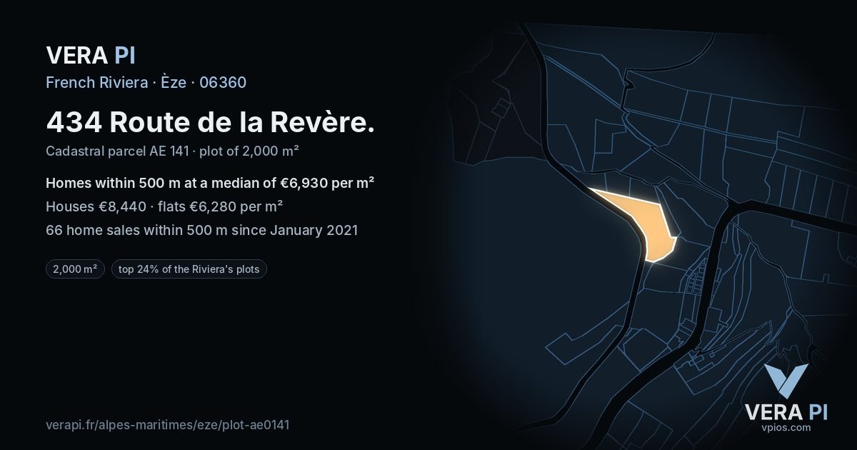 434 Route de la Revère, Èze at night – the plot lit, the parcels around coloured by the prices near them