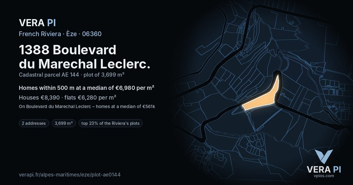 1388 Boulevard du Marechal Leclerc, Èze at night – the plot lit, the parcels around coloured by the prices near them
