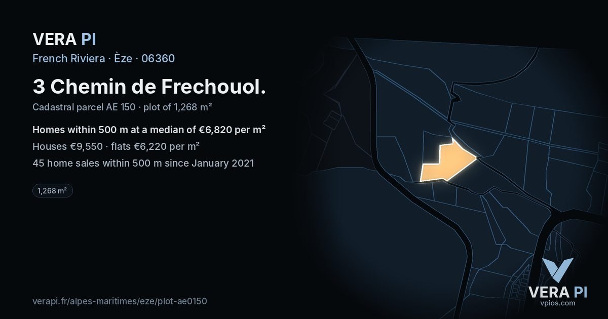 3 Chemin de Frechouol, Èze at night – the plot lit, the parcels around coloured by the prices near them
