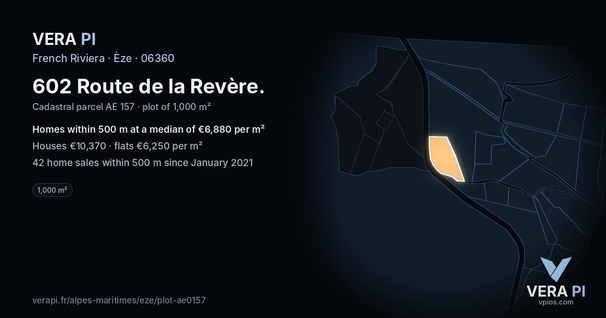 602 Route de la Revère, Èze at night – the plot lit, the parcels around coloured by the prices near them