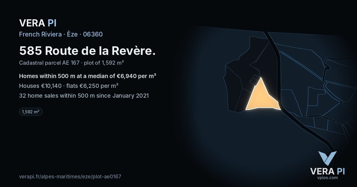585 Route de la Revère, Èze at night – the plot lit, the parcels around coloured by the prices near them
