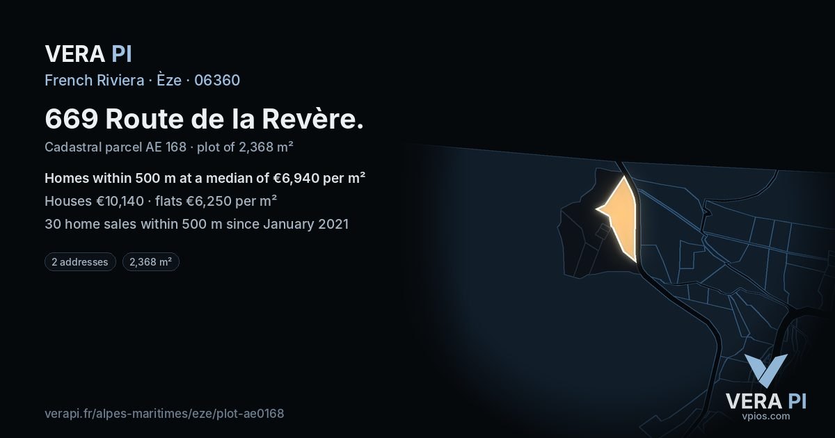 669 Route de la Revère, Èze at night – the plot lit, the parcels around coloured by the prices near them