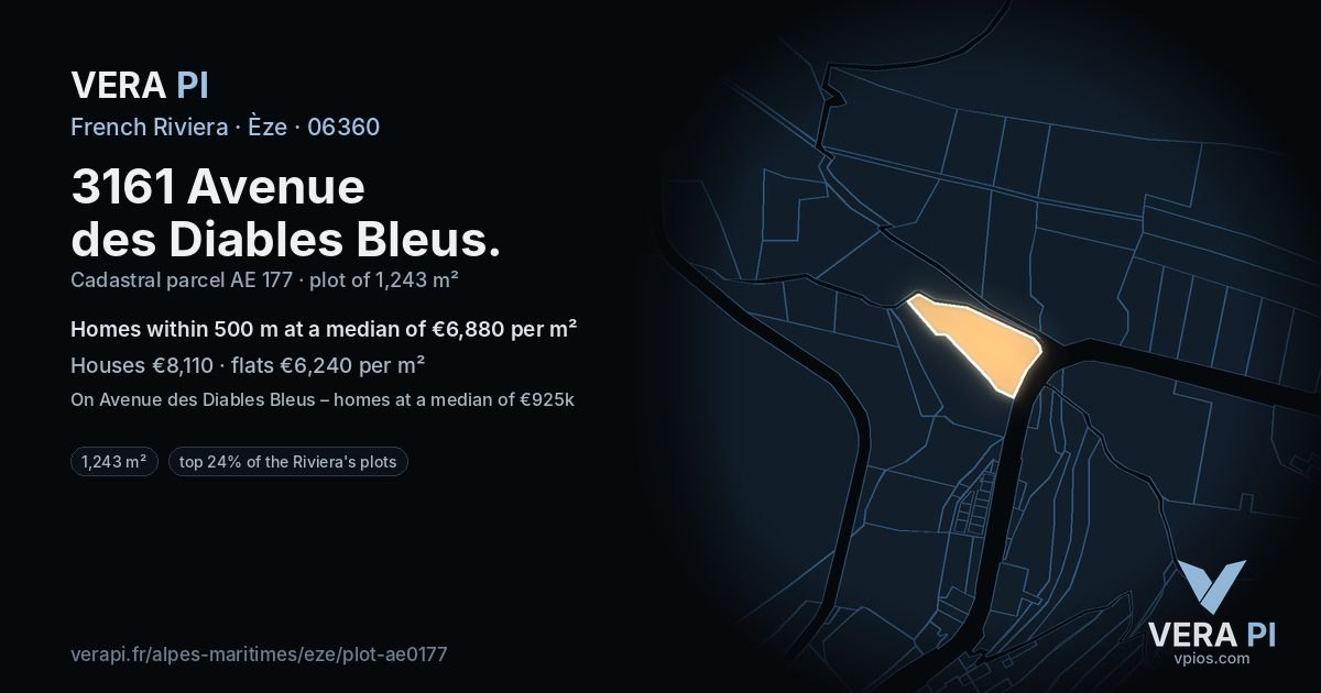 3161 Avenue des Diables Bleus, Èze at night – the plot lit, the parcels around coloured by the prices near them