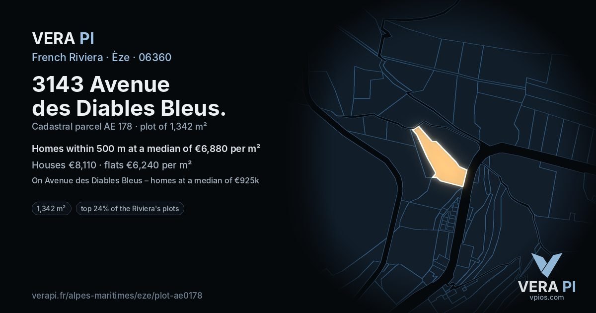 3143 Avenue des Diables Bleus, Èze at night – the plot lit, the parcels around coloured by the prices near them