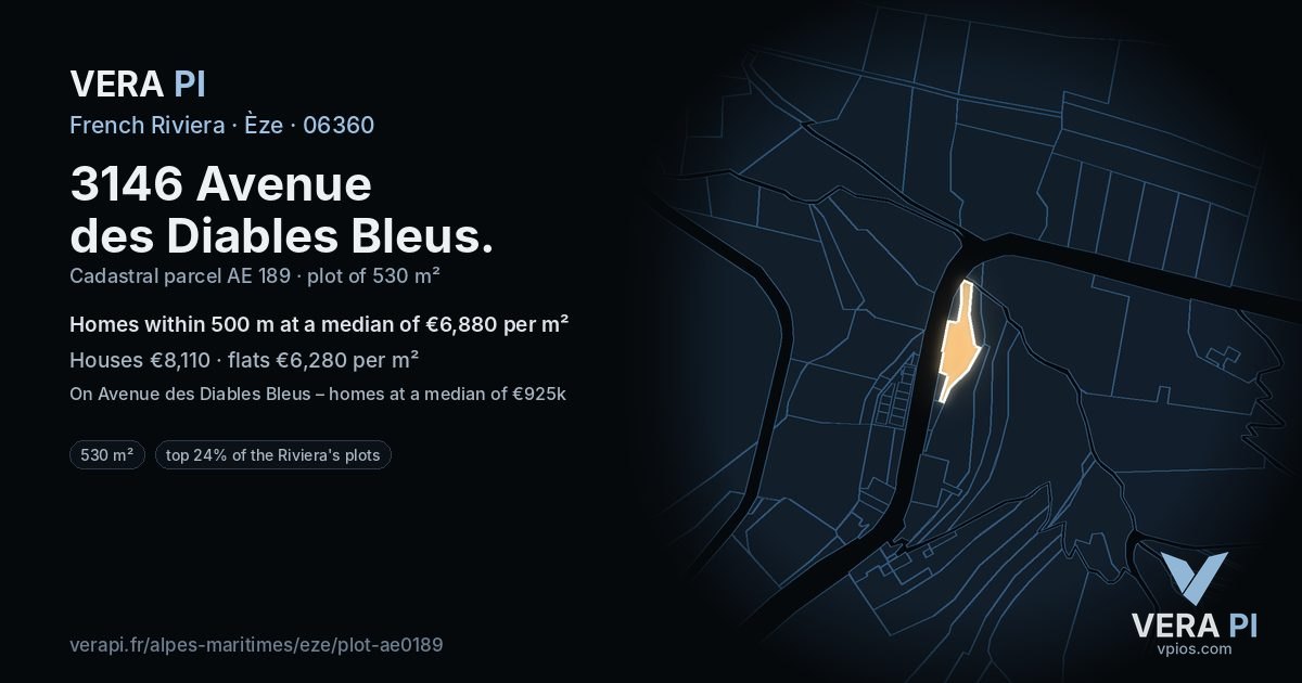 3146 Avenue des Diables Bleus, Èze at night – the plot lit, the parcels around coloured by the prices near them