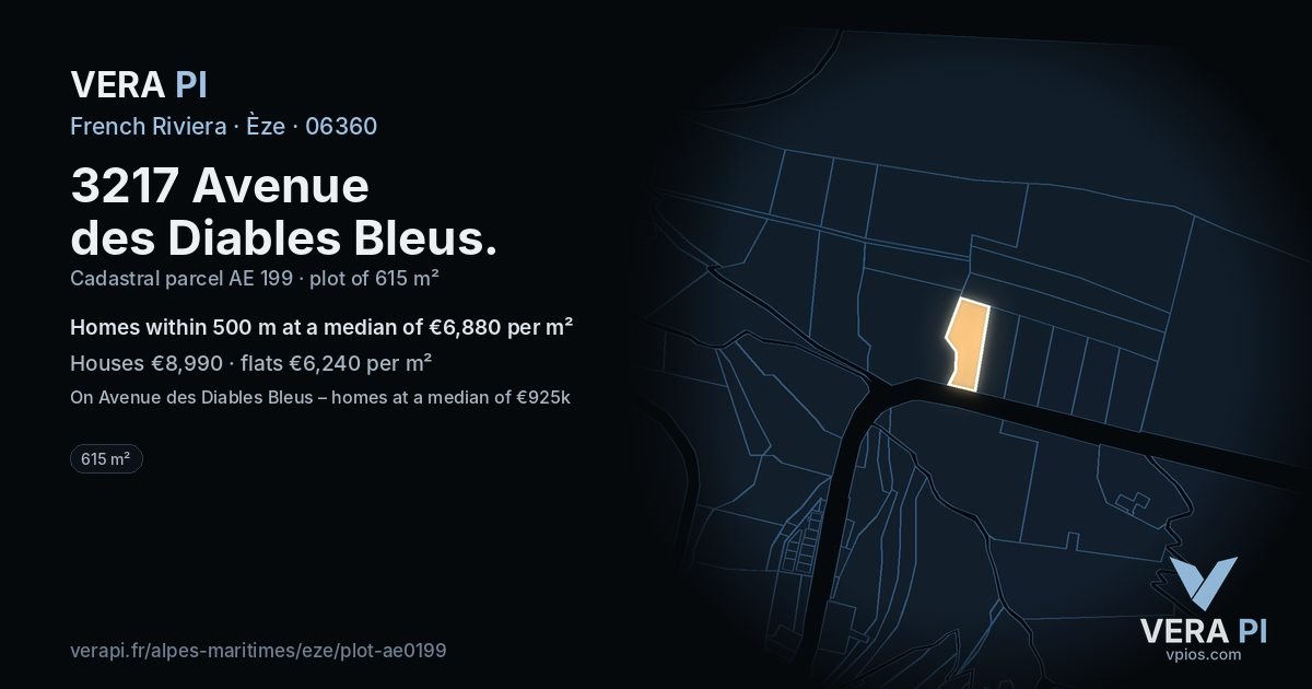 3217 Avenue des Diables Bleus, Èze at night – the plot lit, the parcels around coloured by the prices near them