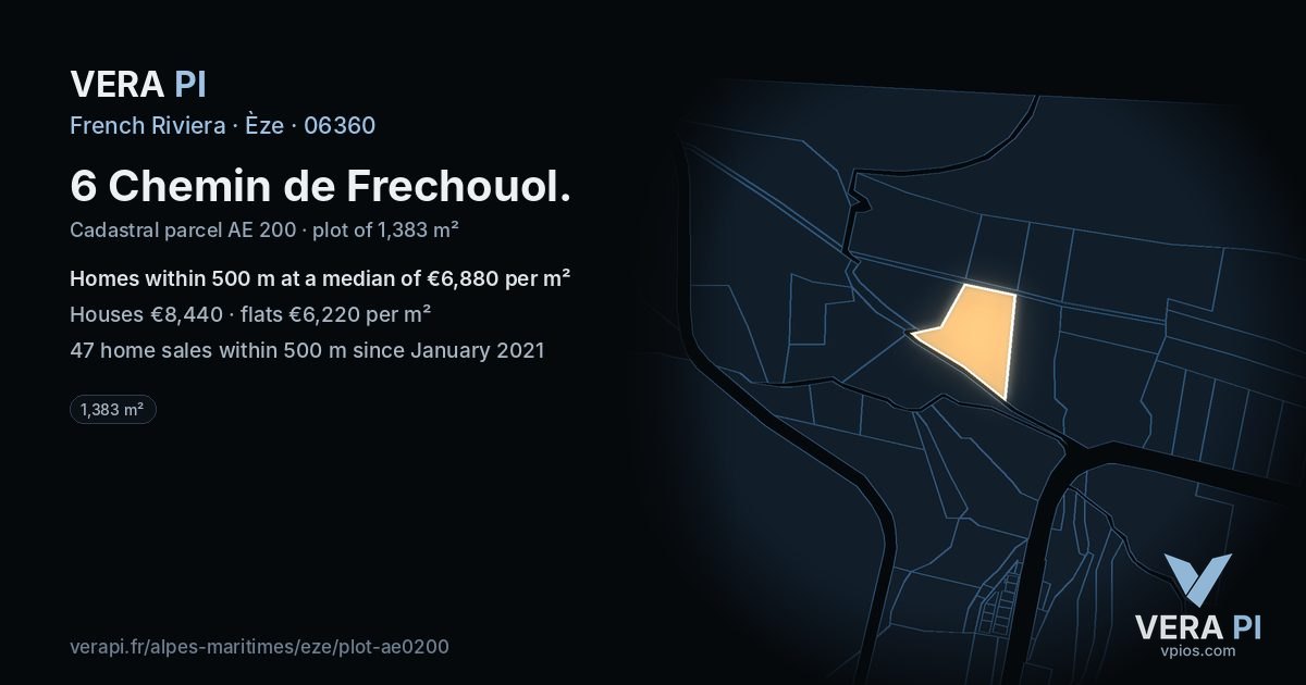 6 Chemin de Frechouol, Èze at night – the plot lit, the parcels around coloured by the prices near them