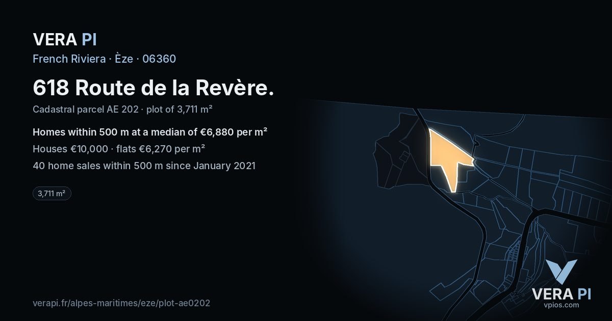 618 Route de la Revère, Èze at night – the plot lit, the parcels around coloured by the prices near them
