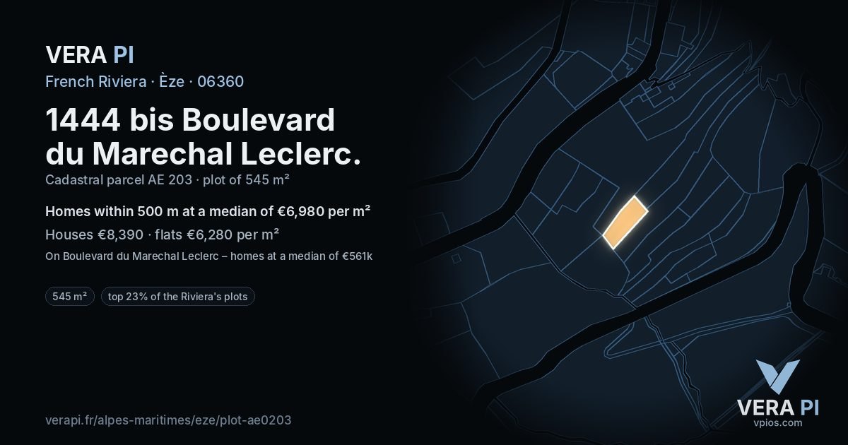 1444 bis Boulevard du Marechal Leclerc, Èze at night – the plot lit, the parcels around coloured by the prices near them