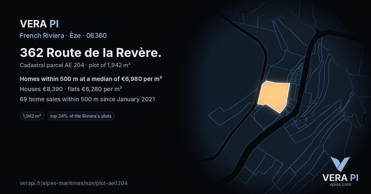 362 Route de la Revère, Èze at night – the plot lit, the parcels around coloured by the prices near them