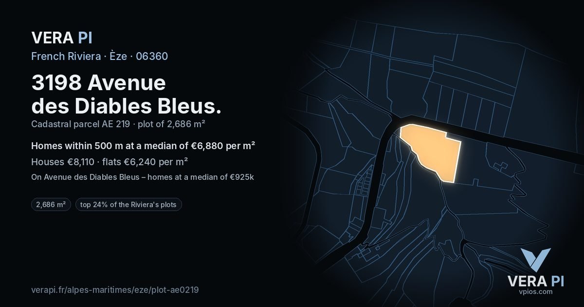 3198 Avenue des Diables Bleus, Èze at night – the plot lit, the parcels around coloured by the prices near them