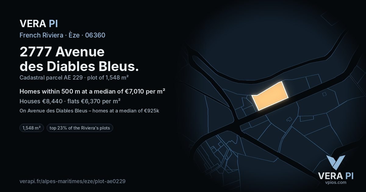 2777 Avenue des Diables Bleus, Èze at night – the plot lit, the parcels around coloured by the prices near them