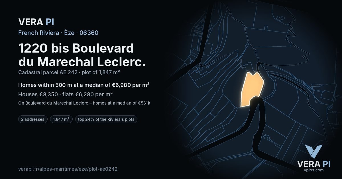 1220 bis Boulevard du Marechal Leclerc, Èze at night – the plot lit, the parcels around coloured by the prices near them
