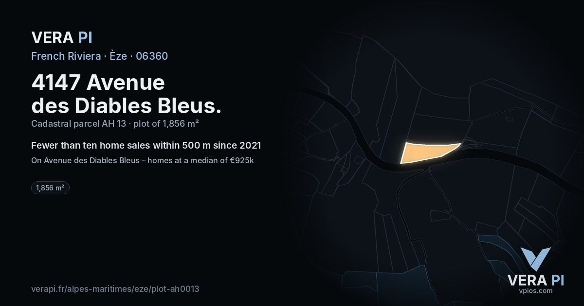 4147 Avenue des Diables Bleus, Èze at night – the plot lit, the parcels around coloured by the prices near them