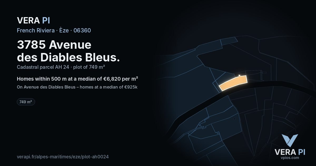 3785 Avenue des Diables Bleus, Èze at night – the plot lit, the parcels around coloured by the prices near them