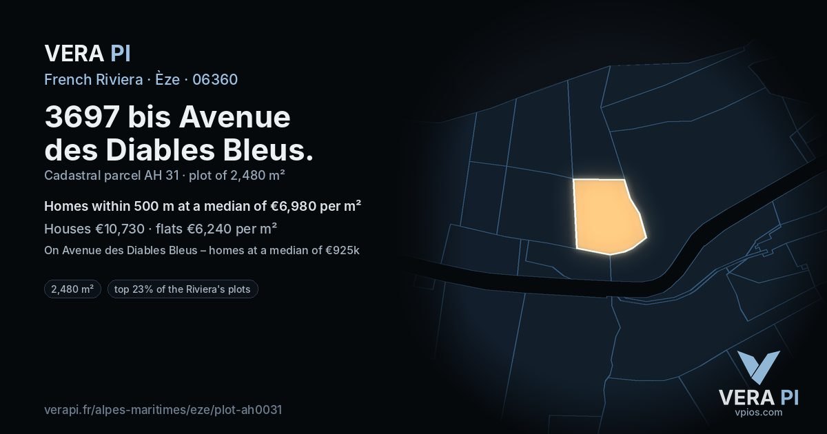 3697 bis Avenue des Diables Bleus, Èze at night – the plot lit, the parcels around coloured by the prices near them