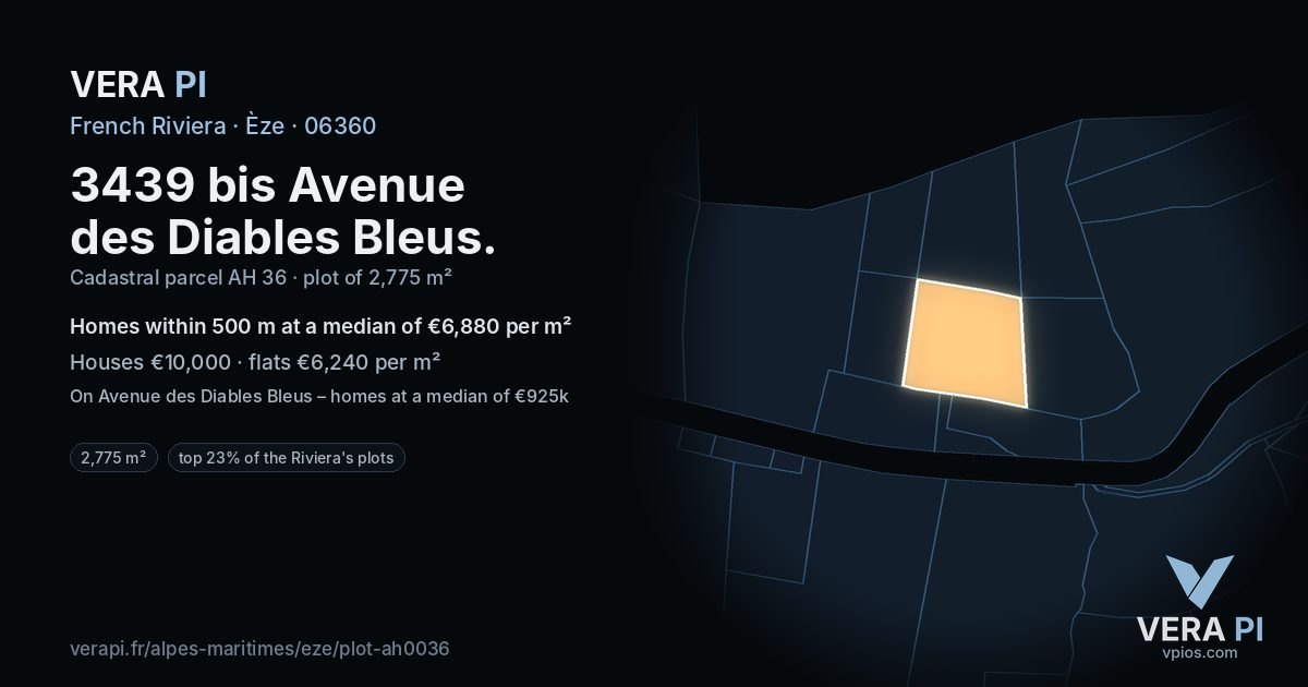 3439 bis Avenue des Diables Bleus, Èze at night – the plot lit, the parcels around coloured by the prices near them