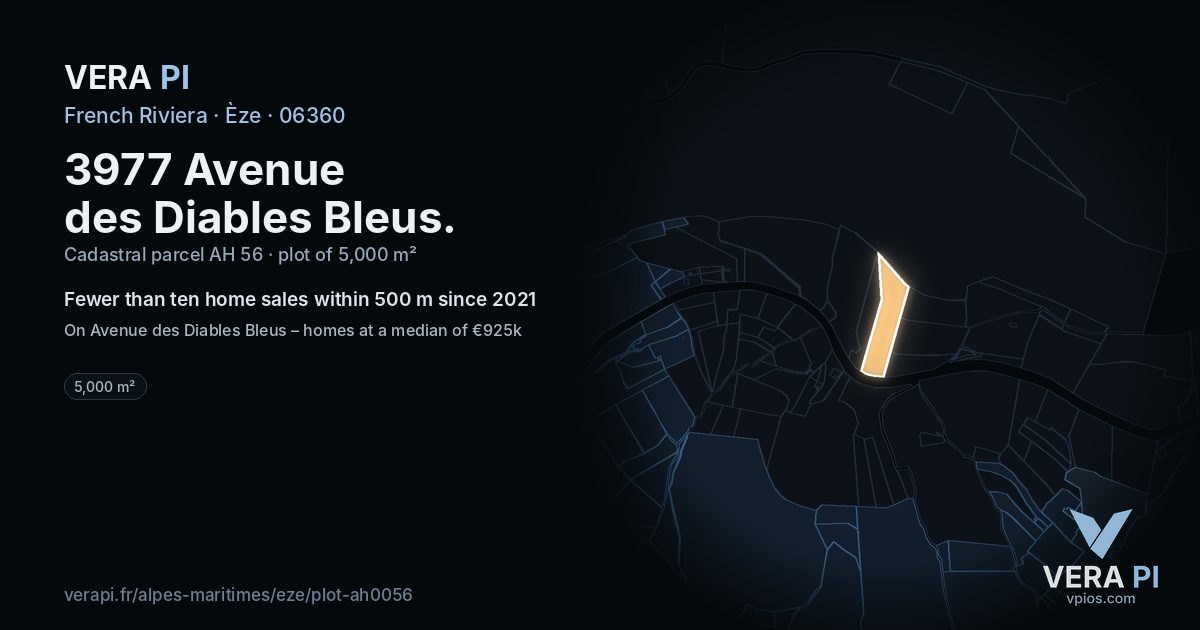 3977 Avenue des Diables Bleus, Èze at night – the plot lit, the parcels around coloured by the prices near them