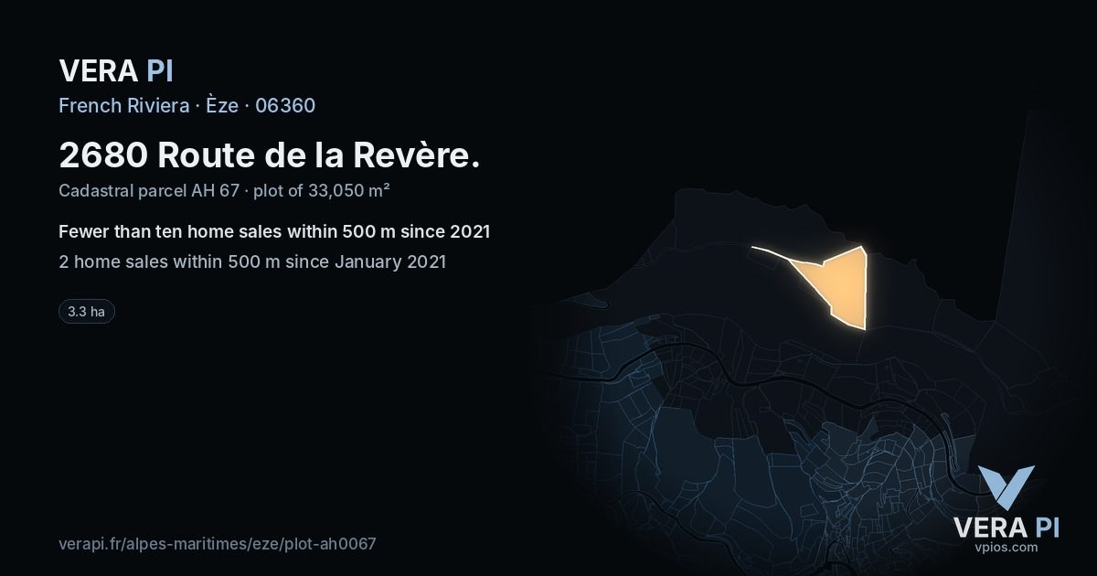 2680 Route de la Revère, Èze at night – the plot lit, the parcels around coloured by the prices near them