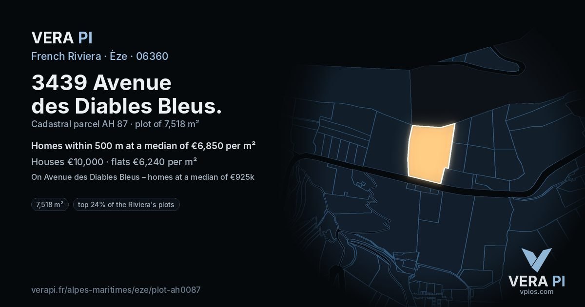 3439 Avenue des Diables Bleus, Èze at night – the plot lit, the parcels around coloured by the prices near them