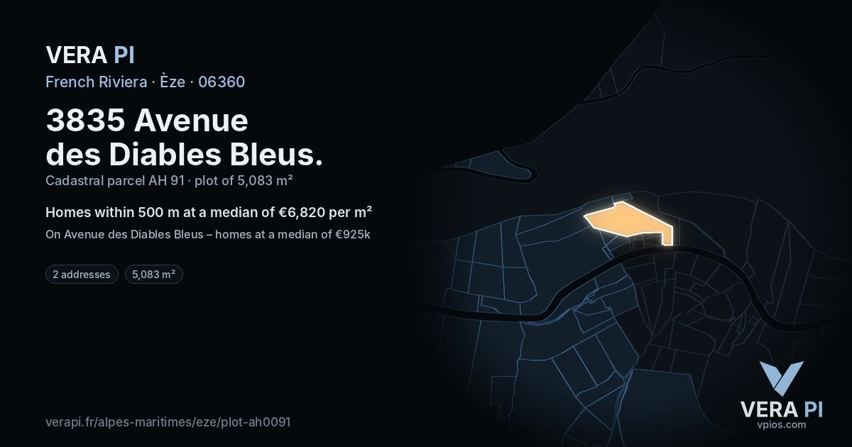 3835 Avenue des Diables Bleus, Èze at night – the plot lit, the parcels around coloured by the prices near them