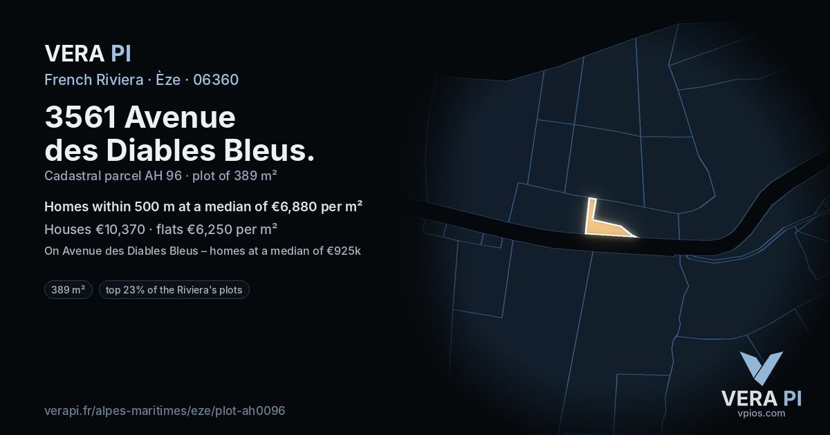 3561 Avenue des Diables Bleus, Èze at night – the plot lit, the parcels around coloured by the prices near them