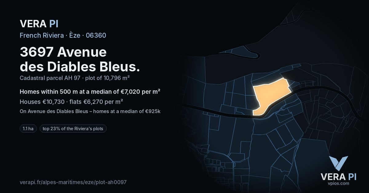 3697 Avenue des Diables Bleus, Èze at night – the plot lit, the parcels around coloured by the prices near them