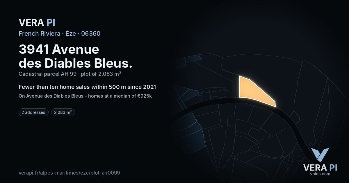 3941 Avenue des Diables Bleus, Èze at night – the plot lit, the parcels around coloured by the prices near them
