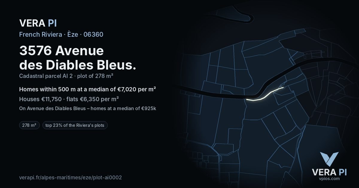 3576 Avenue des Diables Bleus, Èze at night – the plot lit, the parcels around coloured by the prices near them