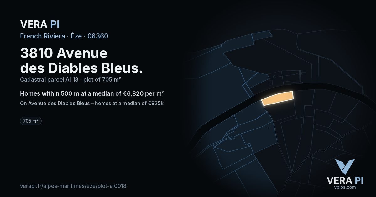 3810 Avenue des Diables Bleus, Èze at night – the plot lit, the parcels around coloured by the prices near them
