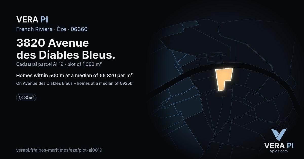 3820 Avenue des Diables Bleus, Èze at night – the plot lit, the parcels around coloured by the prices near them