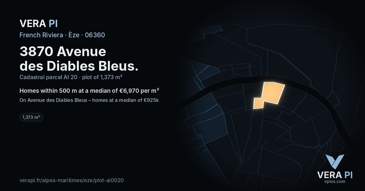 3870 Avenue des Diables Bleus, Èze at night – the plot lit, the parcels around coloured by the prices near them