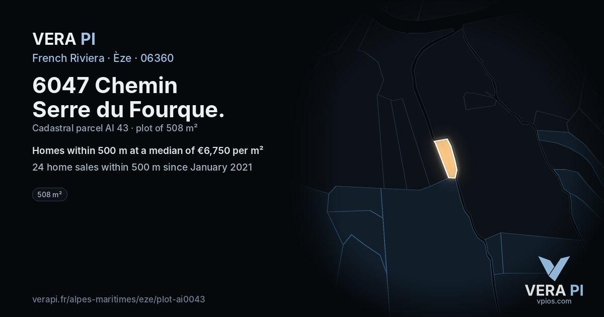 6047 Chemin Serre du Fourque, Èze at night – the plot lit, the parcels around coloured by the prices near them