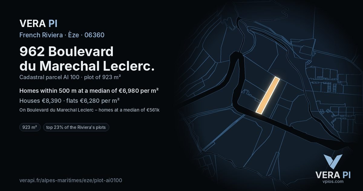 962 Boulevard du Marechal Leclerc, Èze at night – the plot lit, the parcels around coloured by the prices near them