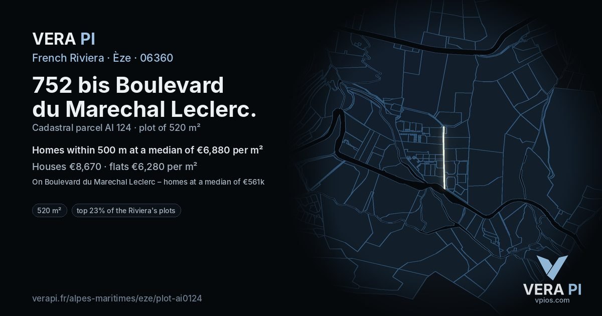 752 bis Boulevard du Marechal Leclerc, Èze at night – the plot lit, the parcels around coloured by the prices near them
