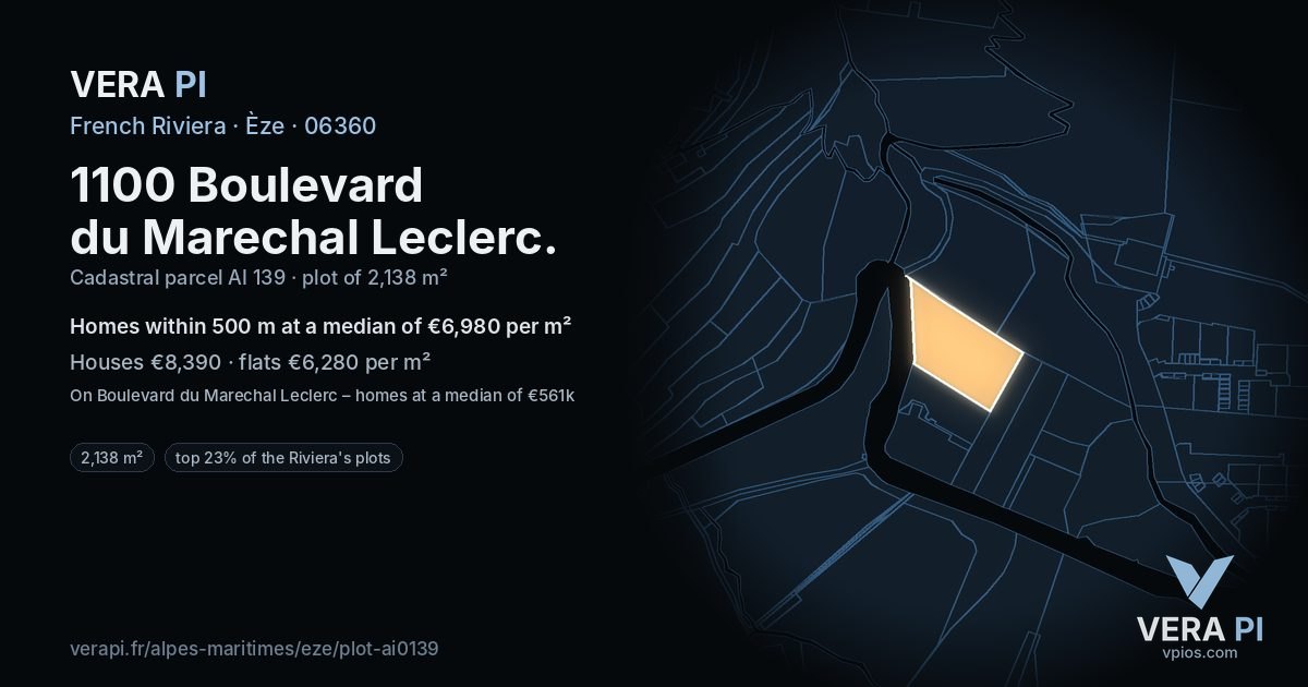 1100 Boulevard du Marechal Leclerc, Èze at night – the plot lit, the parcels around coloured by the prices near them