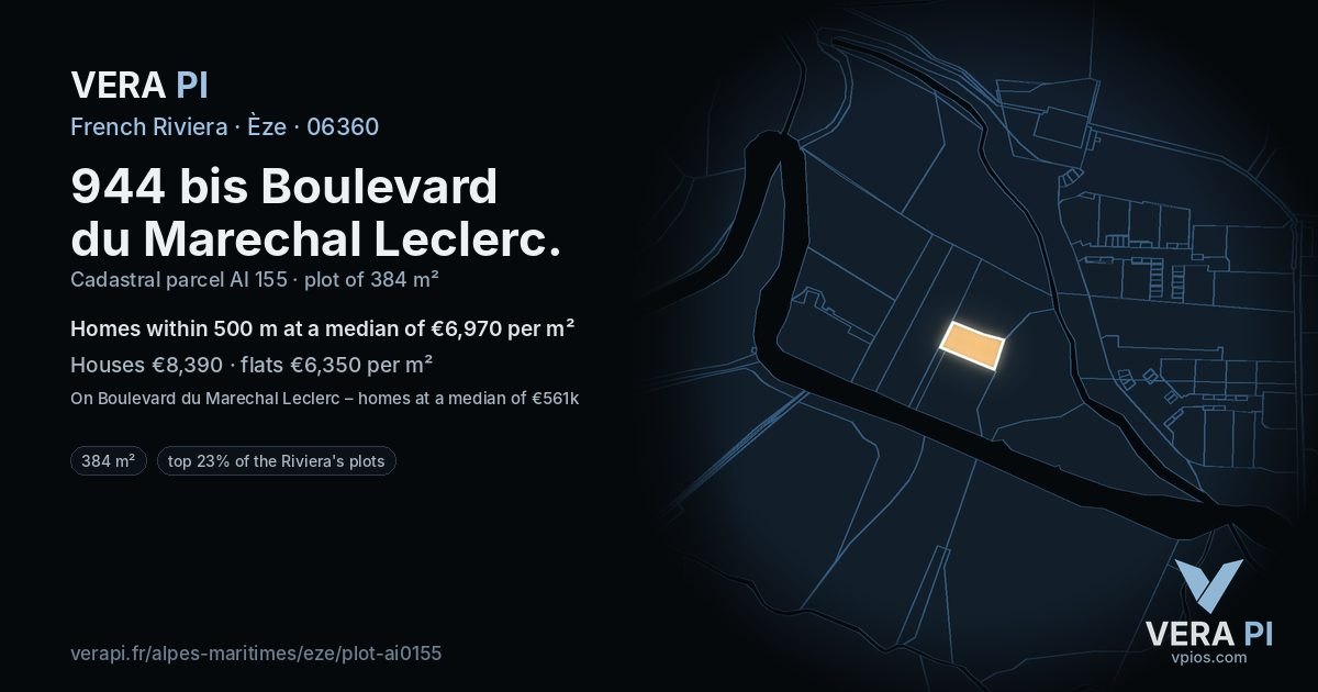 944 bis Boulevard du Marechal Leclerc, Èze at night – the plot lit, the parcels around coloured by the prices near them