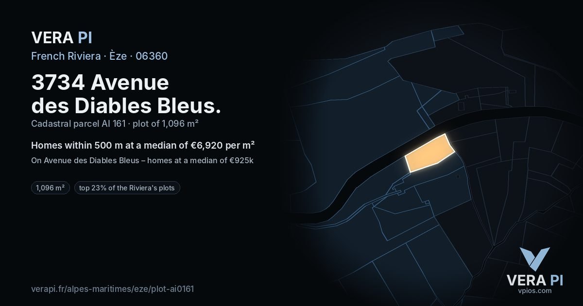 3734 Avenue des Diables Bleus, Èze at night – the plot lit, the parcels around coloured by the prices near them