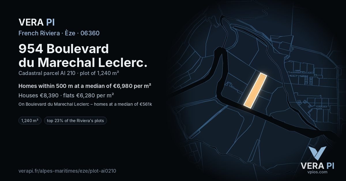 954 Boulevard du Marechal Leclerc, Èze at night – the plot lit, the parcels around coloured by the prices near them