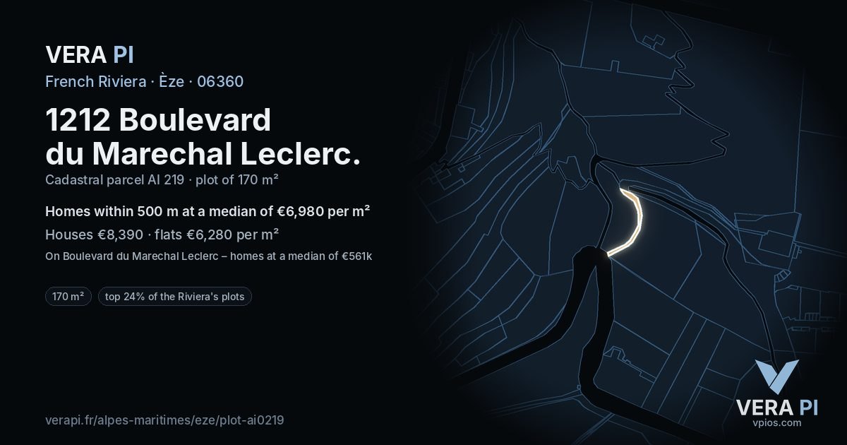 1212 Boulevard du Marechal Leclerc, Èze at night – the plot lit, the parcels around coloured by the prices near them