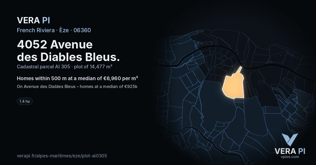4052 Avenue des Diables Bleus, Èze at night – the plot lit, the parcels around coloured by the prices near them