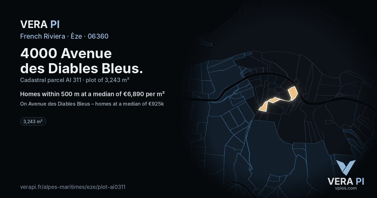 4000 Avenue des Diables Bleus, Èze at night – the plot lit, the parcels around coloured by the prices near them