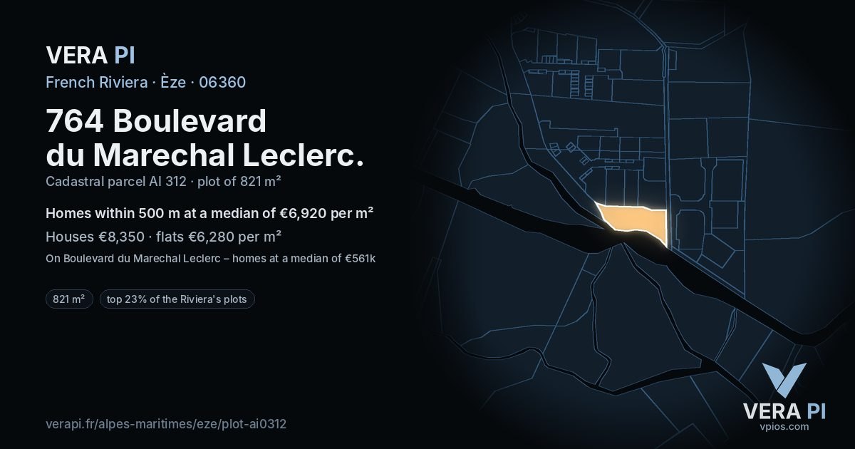 764 Boulevard du Marechal Leclerc, Èze at night – the plot lit, the parcels around coloured by the prices near them