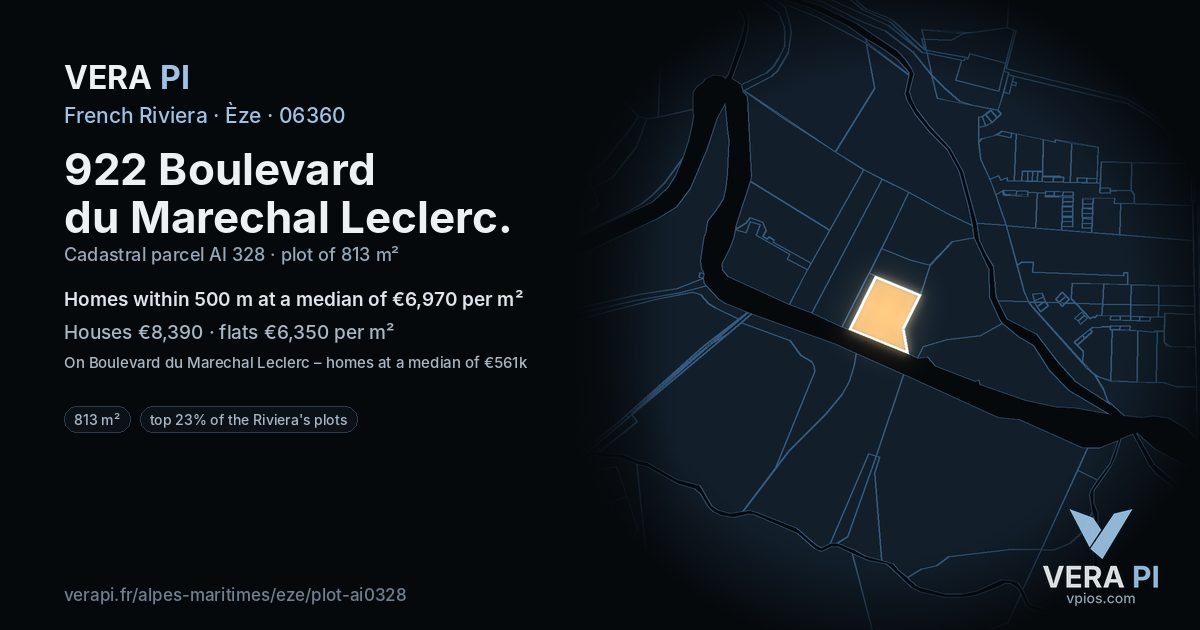 922 Boulevard du Marechal Leclerc, Èze at night – the plot lit, the parcels around coloured by the prices near them