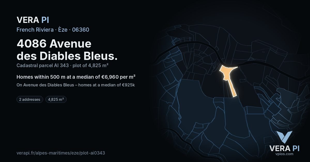 4086 Avenue des Diables Bleus, Èze at night – the plot lit, the parcels around coloured by the prices near them