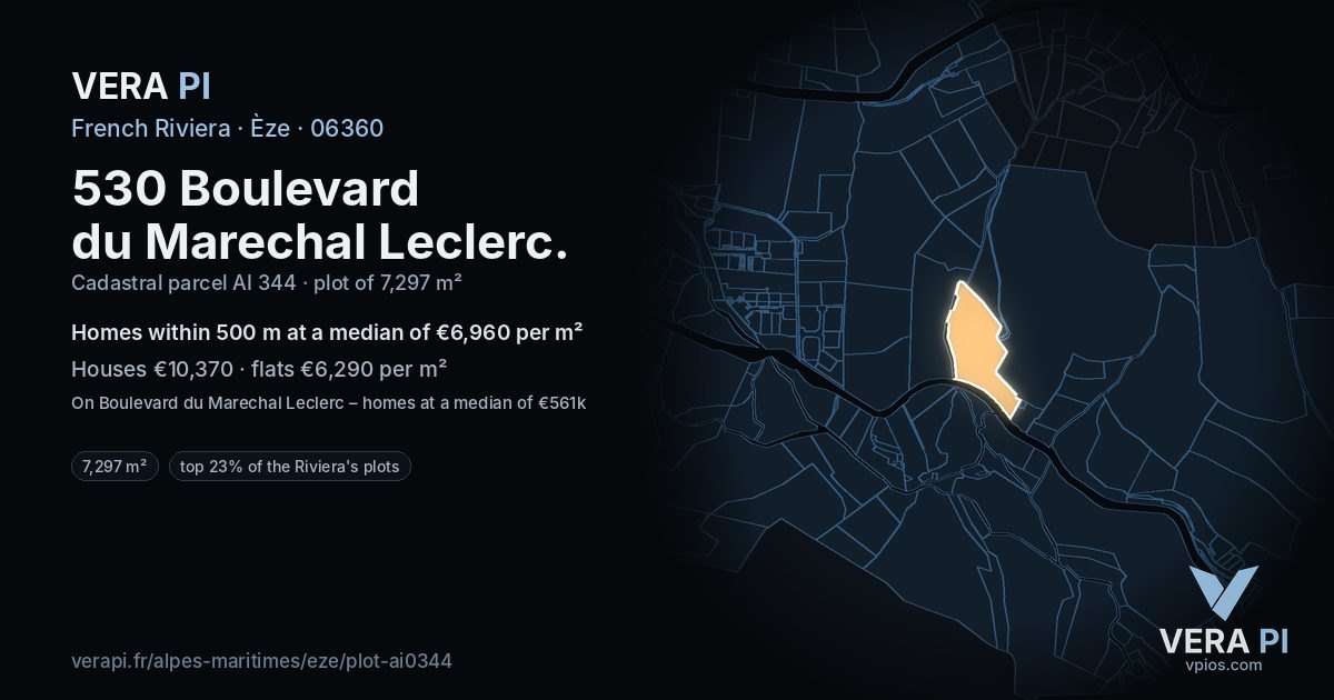 530 Boulevard du Marechal Leclerc, Èze at night – the plot lit, the parcels around coloured by the prices near them
